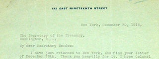 Item #80220 SIGNED LETTER TO SECRETARY OF THE TREASURY MCADOO, 1916. Ida M. TARBELL