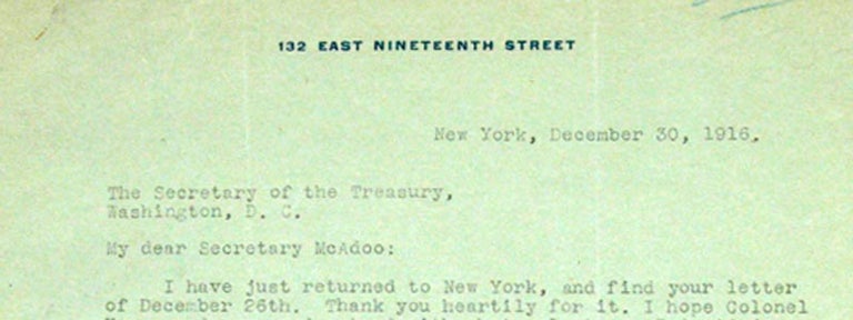 Item #80220 SIGNED LETTER TO SECRETARY OF THE TREASURY MCADOO, 1916. Ida M. TARBELL.
