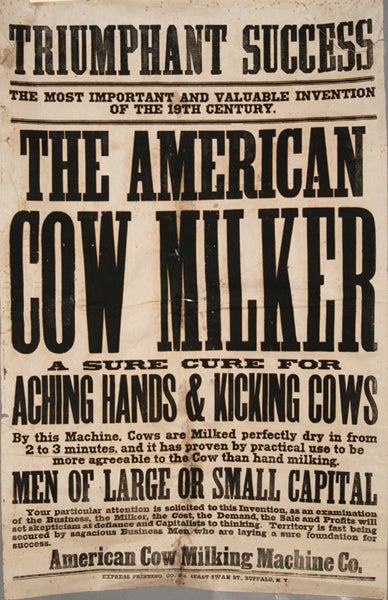 Item #84384 AMERICAN COW MILKER MACHINE POSTER, ORIGINAL, 19TH CENTURY EPHEMERA. AMERICANA.
