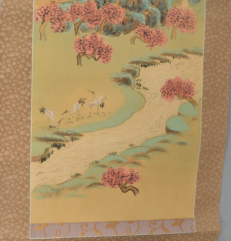 Item #87805 "Momohara" Landscape of a Mountain Stream, Dancing Cranes. Kakemono 掛け物 - Hanging Scroll, artist Tsuda Seifū 津田青楓.