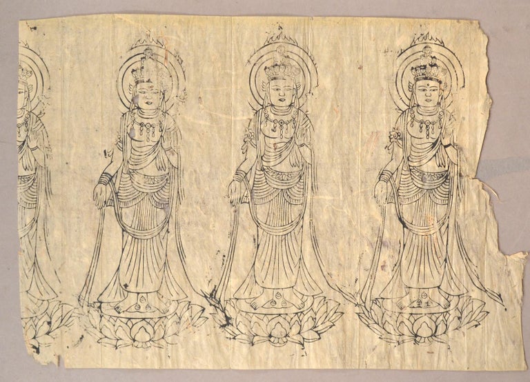Item #91073 [Single sheet woodblock printed suribotoke 摺仏 of 3 standing 11-faced Kannon 十一面観音] [Buddhist image]
